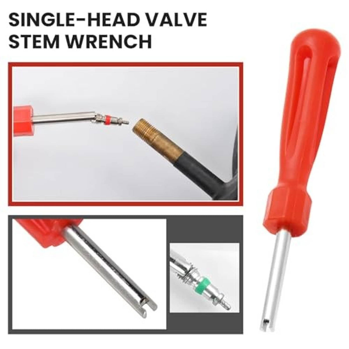 Single-head valve stem wrench with red handle and metal shaft