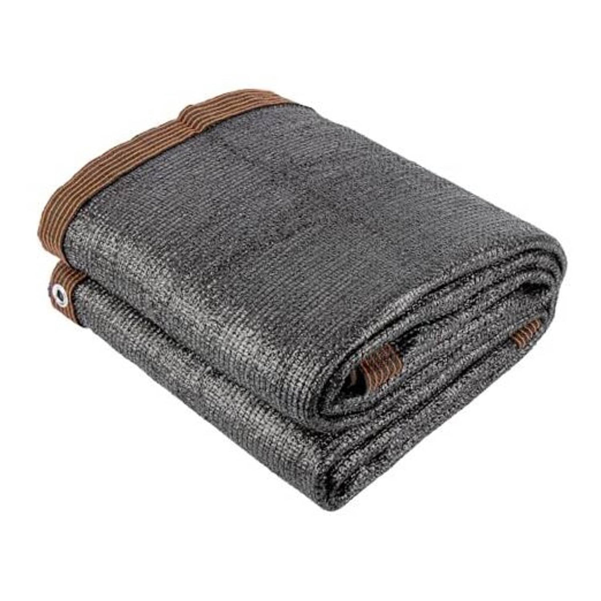 Outdoor woven shade cloth, dark gray folded with brown edge trim and metal grommets