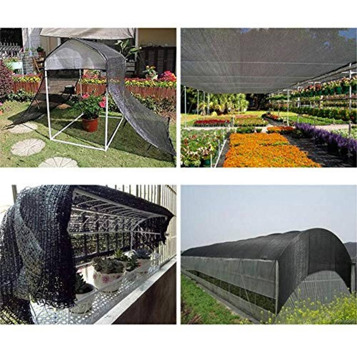 Black shade cloth tunnel canopy with mesh panels stretched over garden walkway