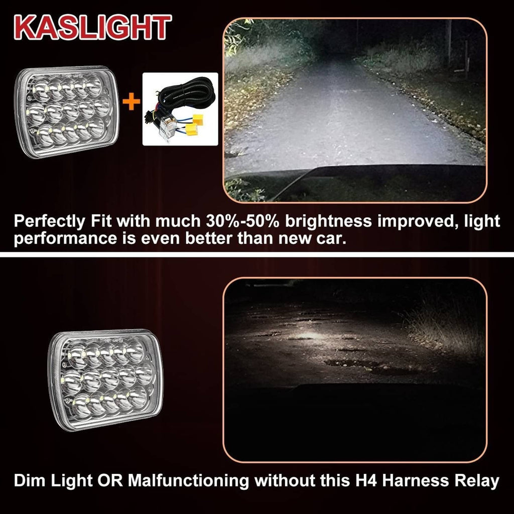 H4 headlight relay harness kit with wiring and a rectangular LED headlight