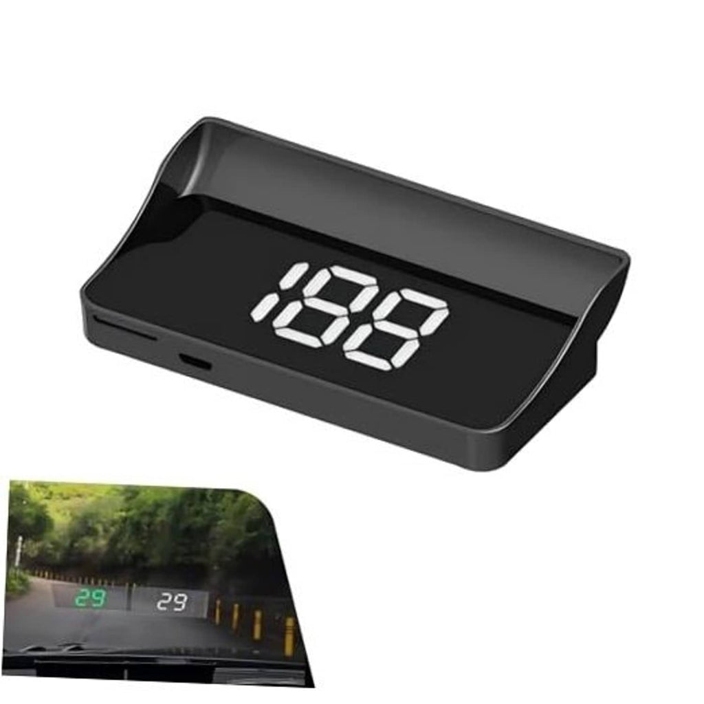 Car HUD digital speedometer projector with black housing and white digital speed display