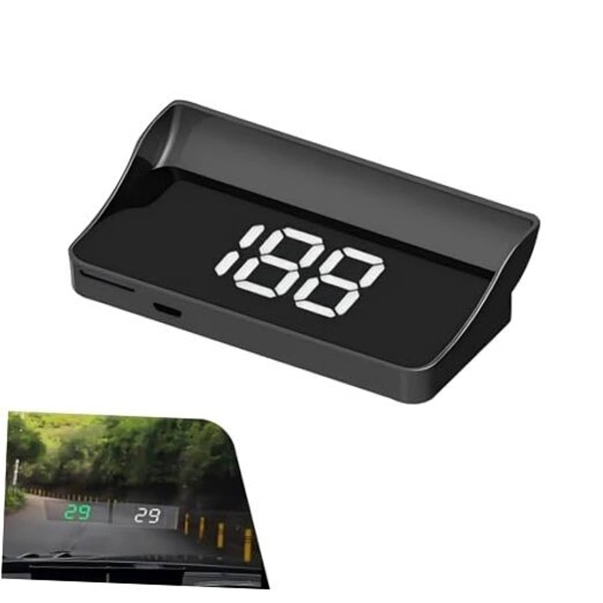 Car HUD digital speedometer projector with black housing and white digital speed display