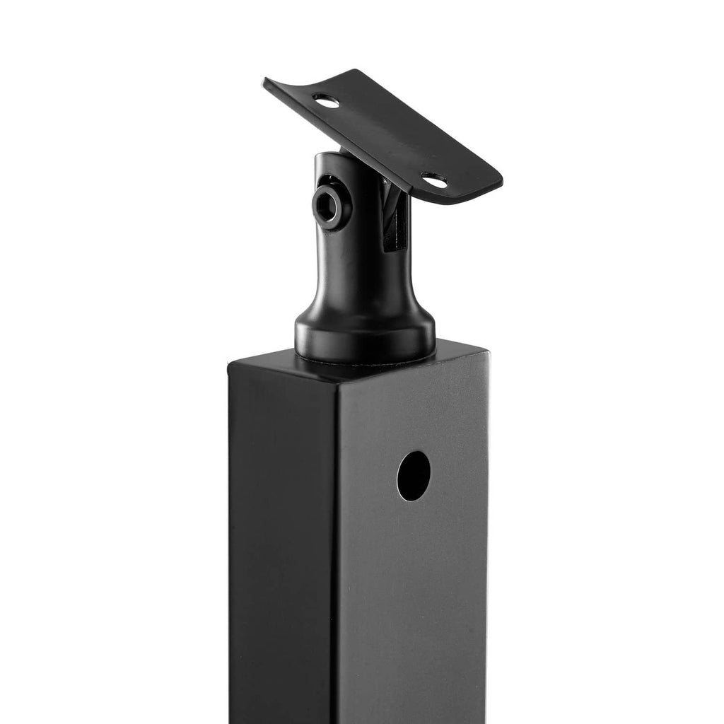 Close-up of black cable railing top bracket on a post