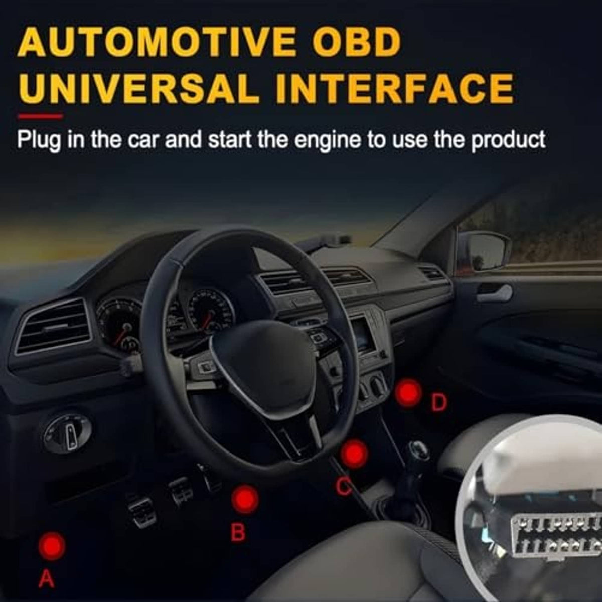 OBD2 scanner plugged in near dashboard steering wheel, with attached OBD cable.