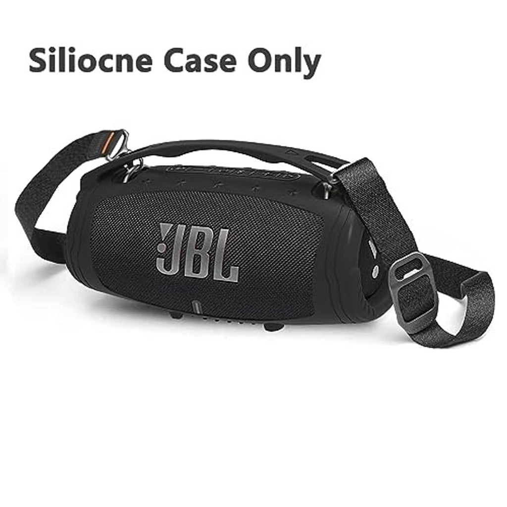 Black silicone Bluetooth speaker case with shoulder strap and JBL logo front