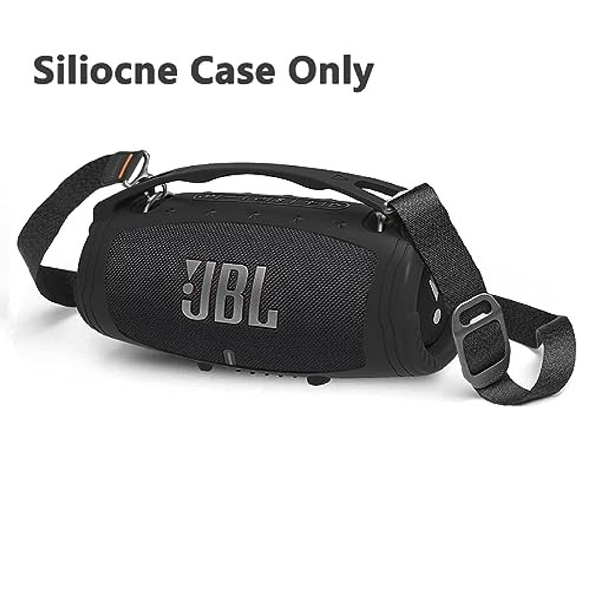 Black silicone Bluetooth speaker case with shoulder strap and JBL logo front