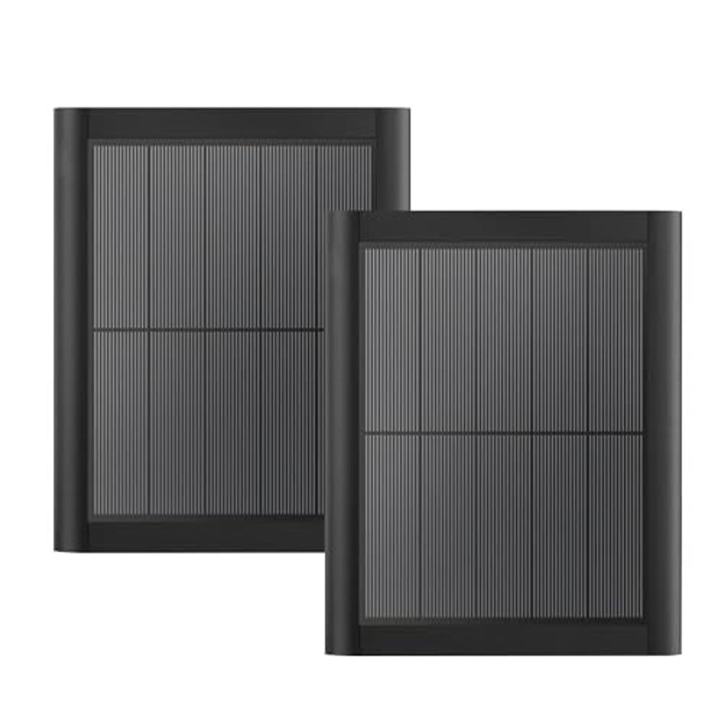 Two black square solar panels, front view with grid cell lines