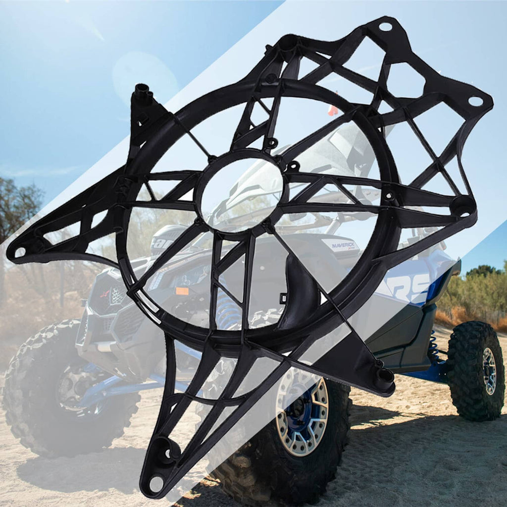Black cooling fan cover frame with front circular grille and corner mounting holes