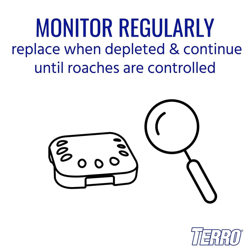 Roach bait station monitor diagram with magnifying glass icon