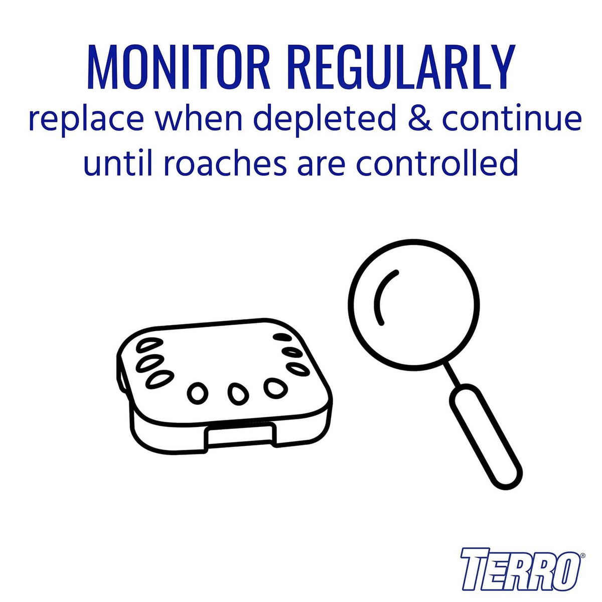 Roach bait station monitor diagram with magnifying glass icon