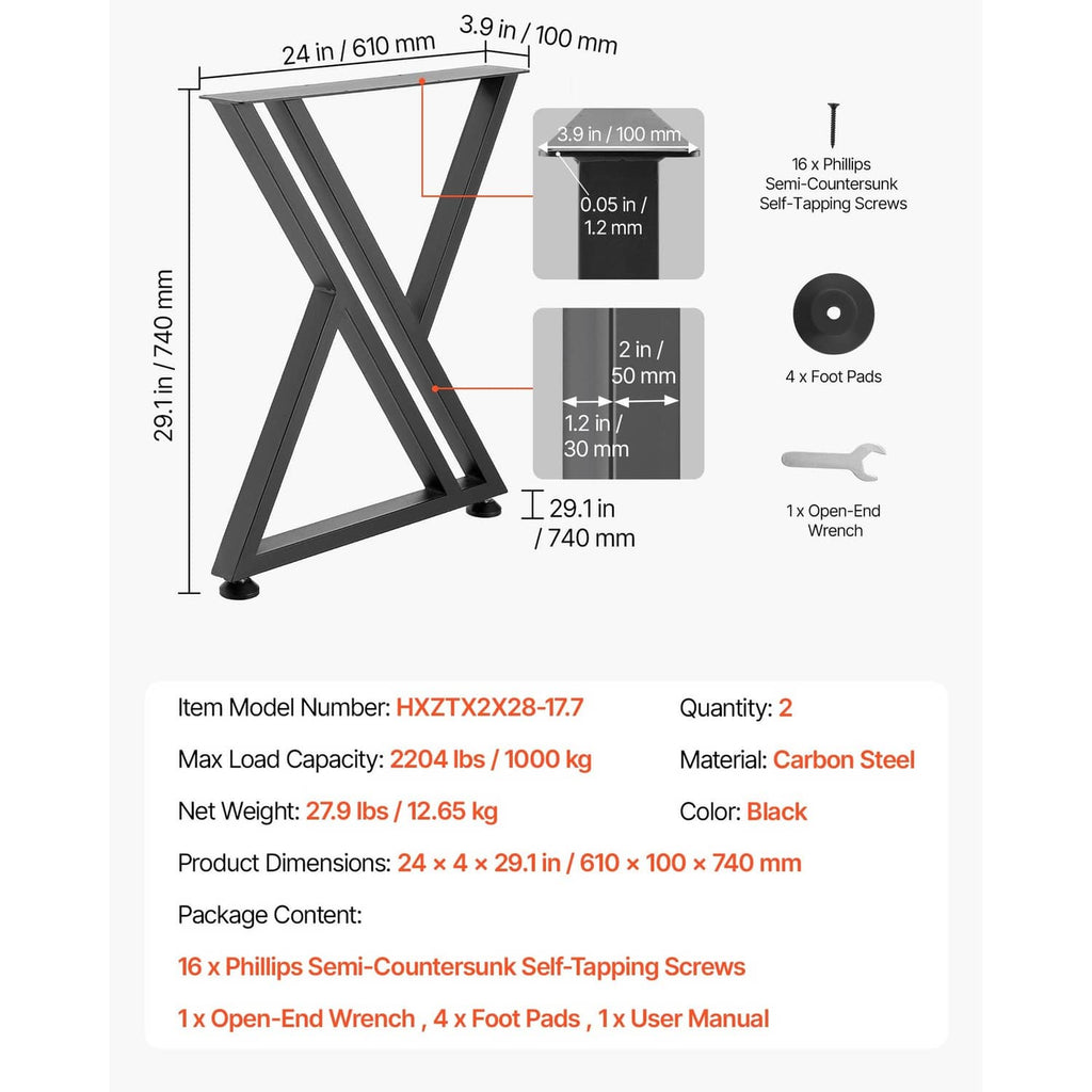 Black carbon steel table leg set dimensions diagram with X-frame and mounting hardware