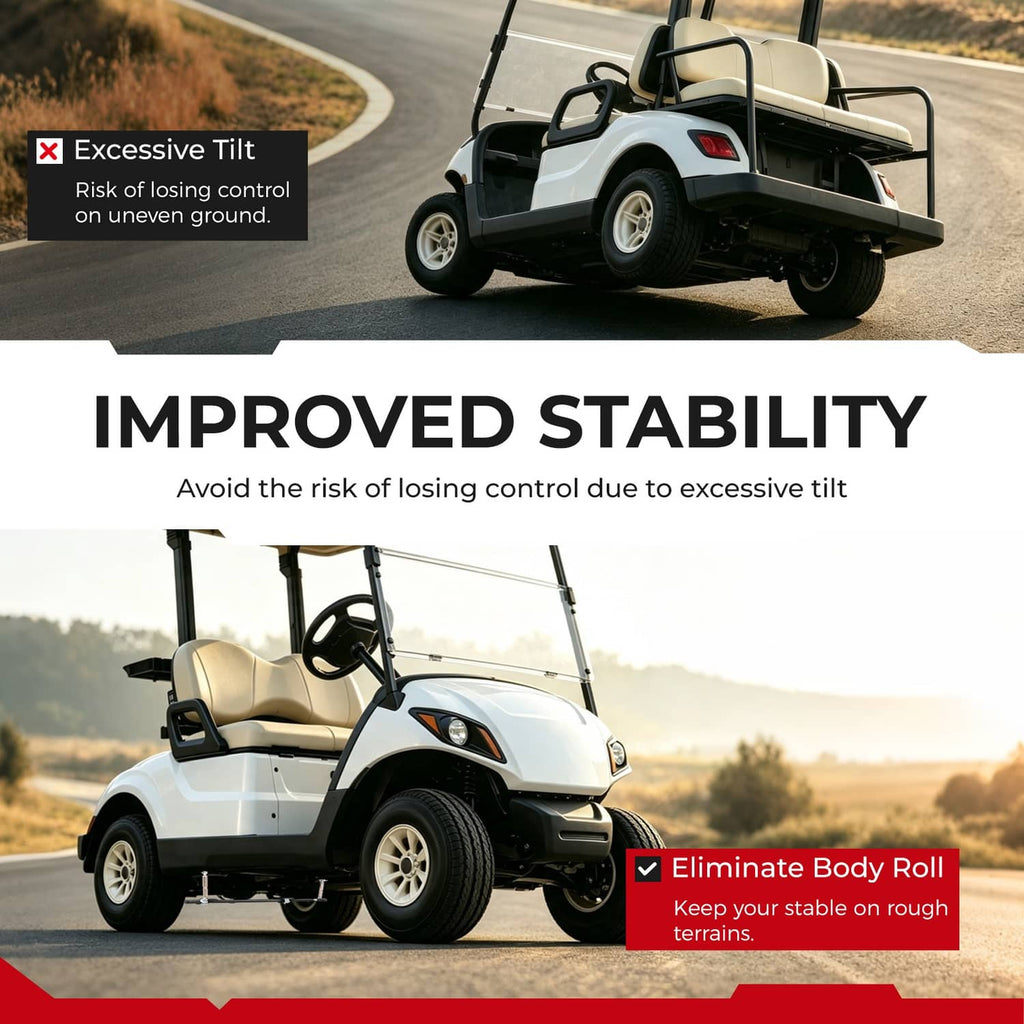 Golf cart with steel anti-roll sway bar kit installed for improved stability