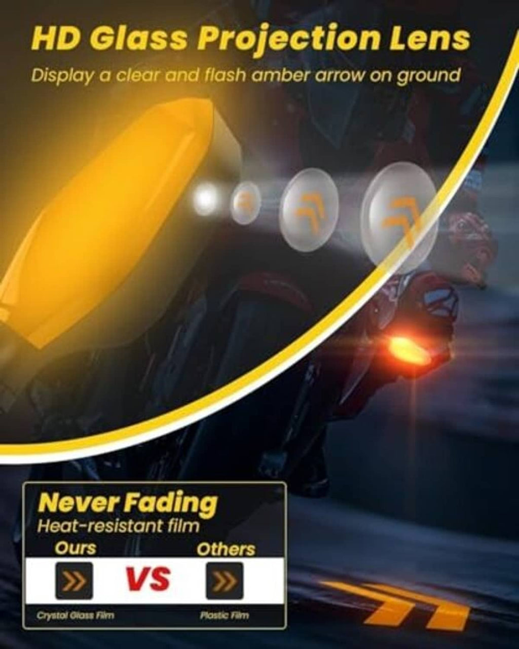 Amber LED turn signal projector with clear glass lens and arrow ground projection