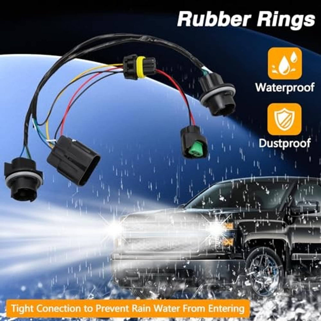 Waterproof headlamp wiring harness with rubber-ring connectors and sealed plug housings