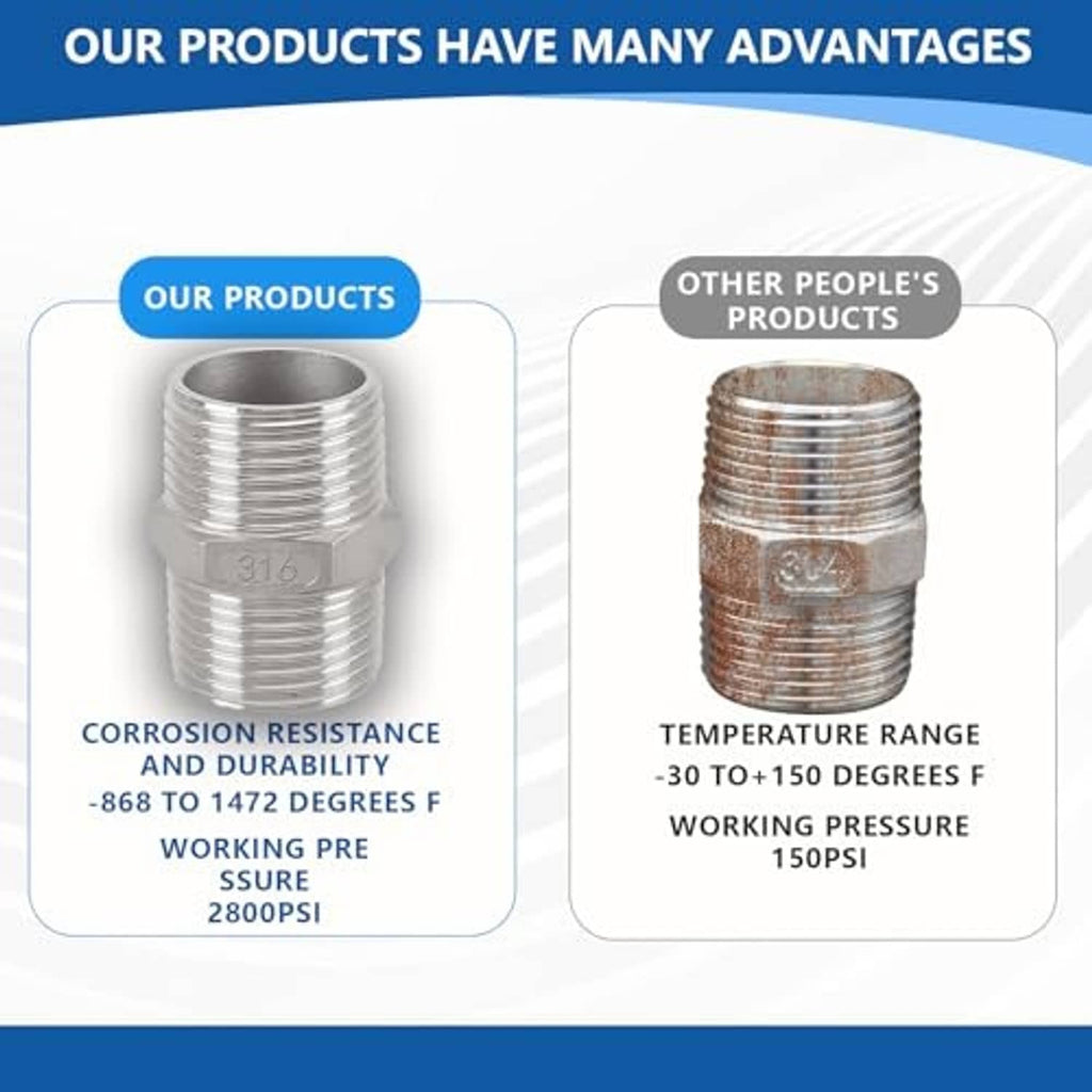316 stainless steel 3/8 in NPT male-to-male hex nipple adapters, pair