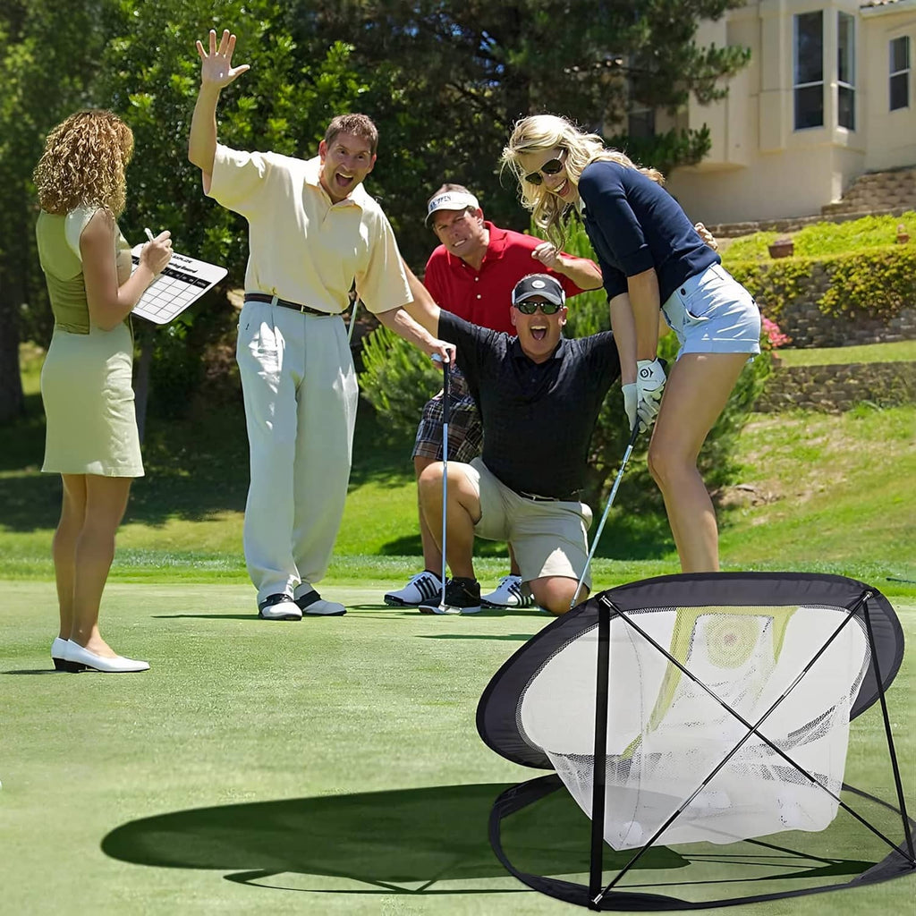 Round SAPLIZE golf chipping net with neon target panel on outdoor practice mat