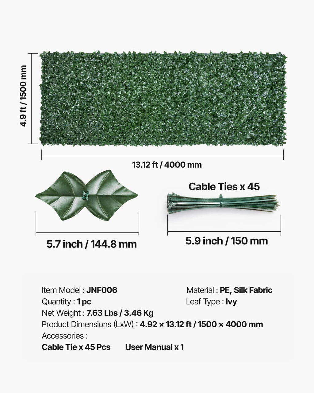 Artificial faux ivy leaf screen kit with cable ties and mesh-backed panel