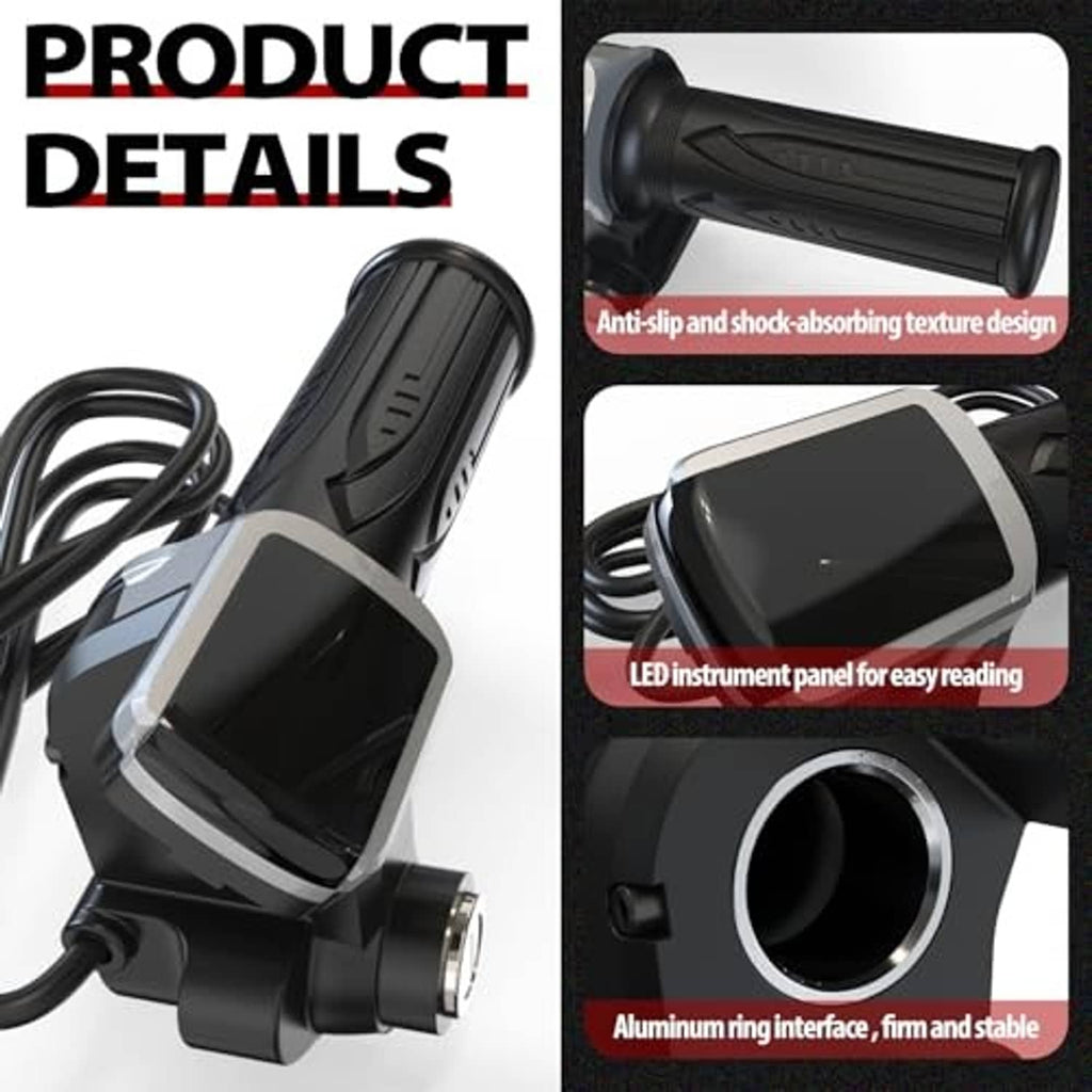Twist throttle with LED display, textured grip detail, and aluminum mounting ring
