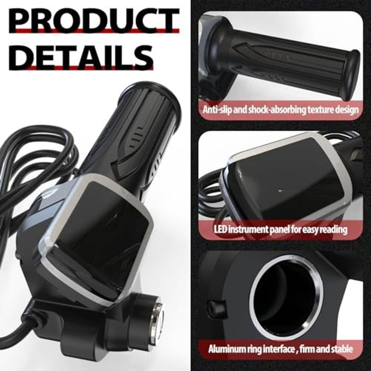 Twist throttle with LED display, textured grip detail, and aluminum mounting ring