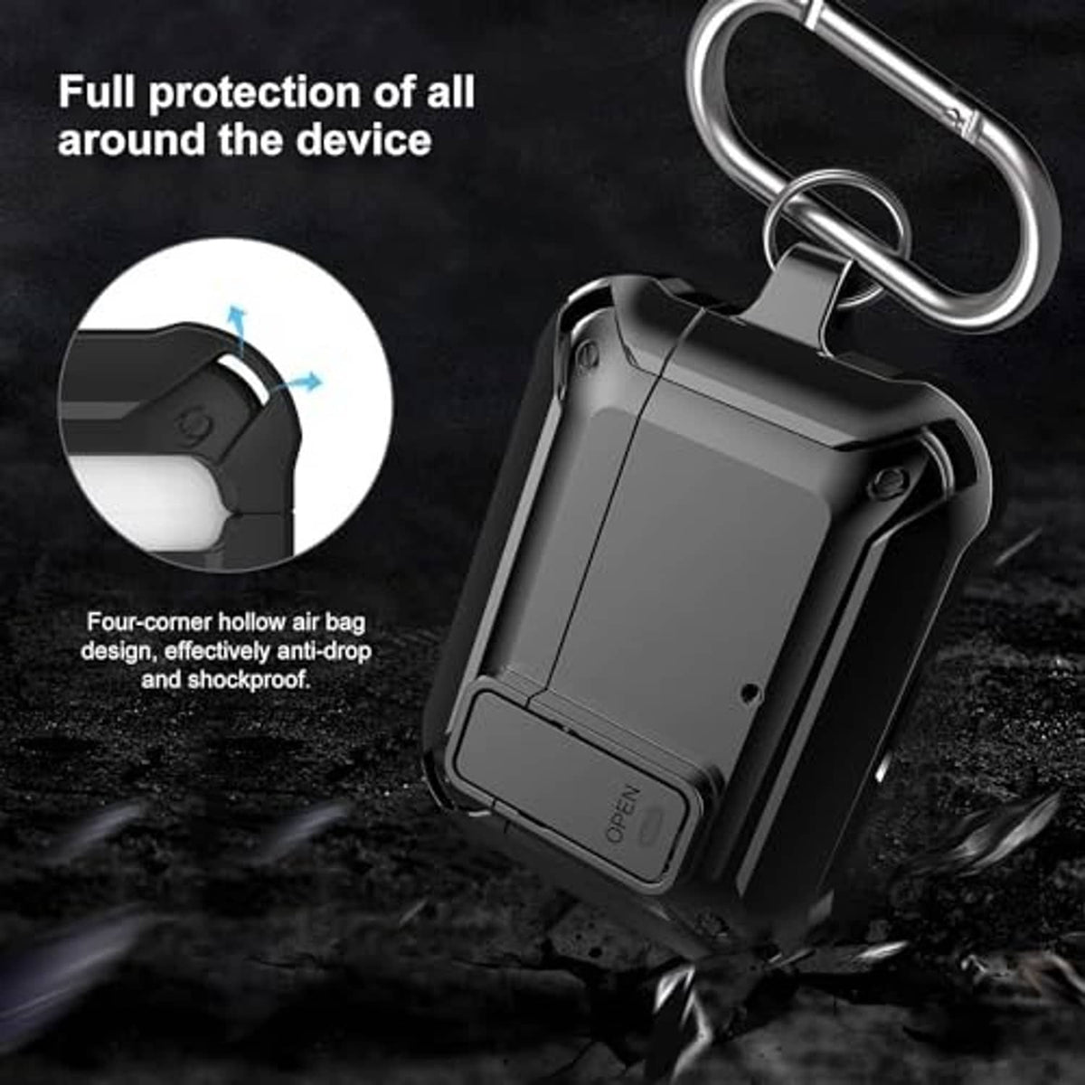 Black protective earbud case with carabiner loop for secure attachment