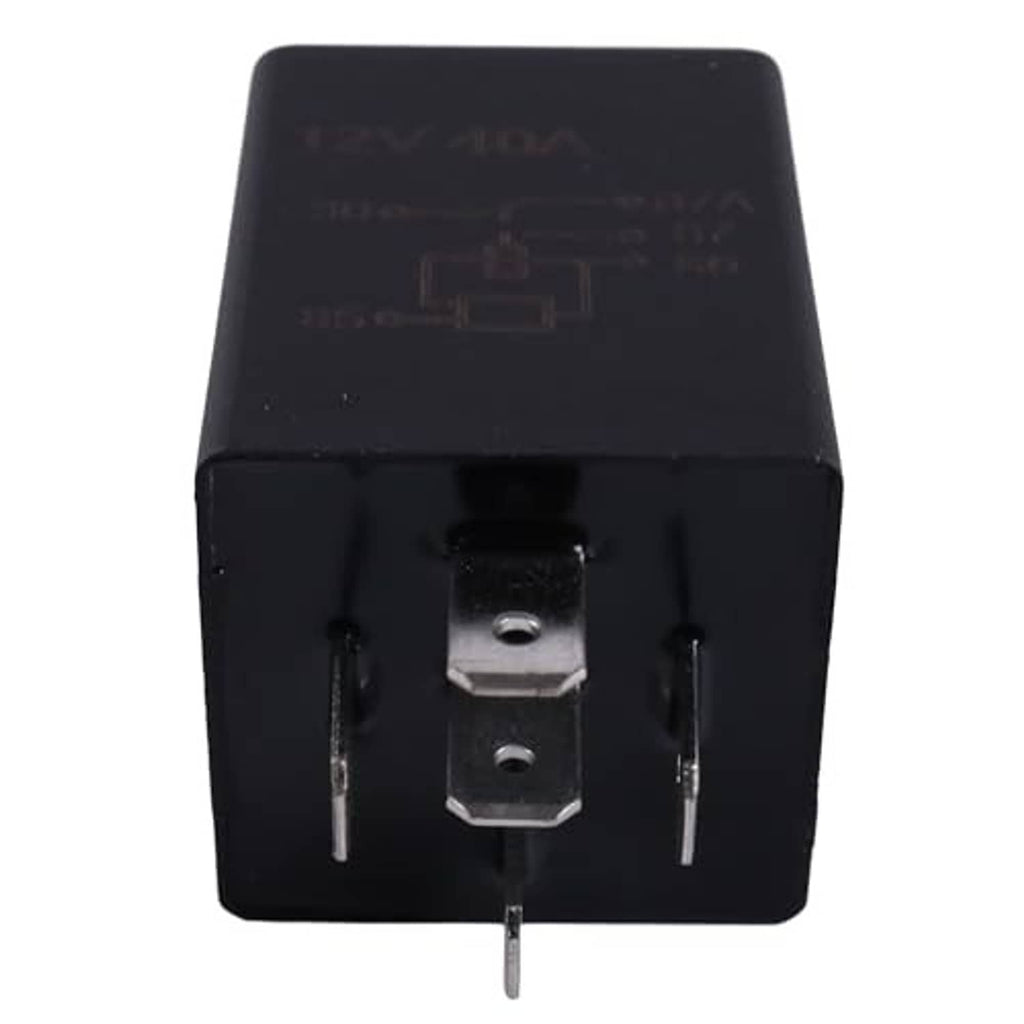 Black 5-pin time delay relay front view, two blade terminals and center tab