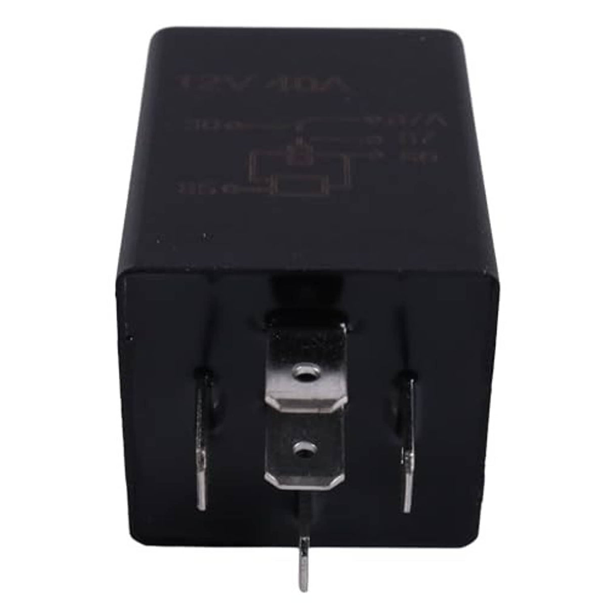 Black 5-pin time delay relay front view, two blade terminals and center tab