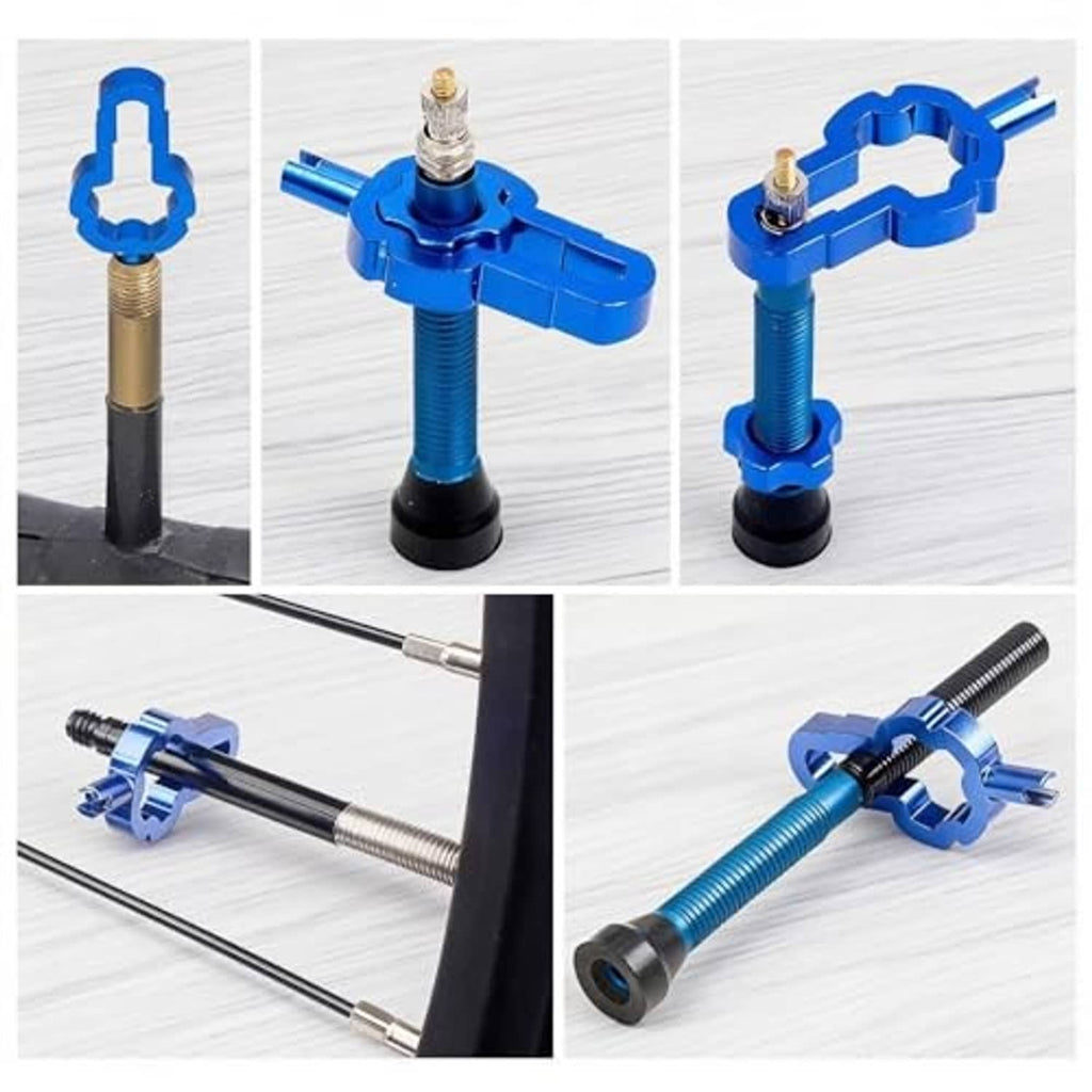 Two blue Presta valve core tools with extension rods and stem attachments.
