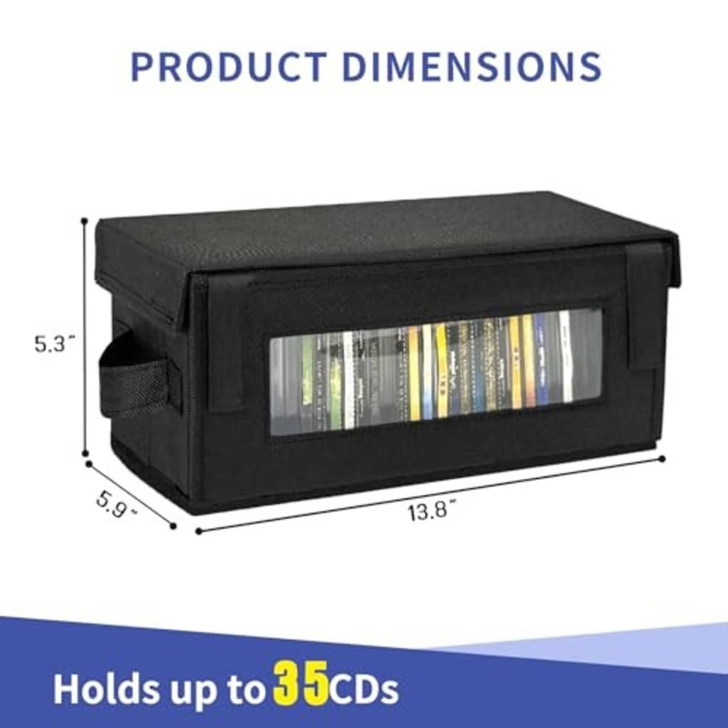 Black CD storage box with lid and front PVC window, side pockets for storage