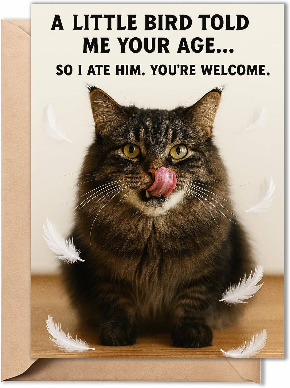 Funny birthday card with brown tabby cat, feathers, and message text