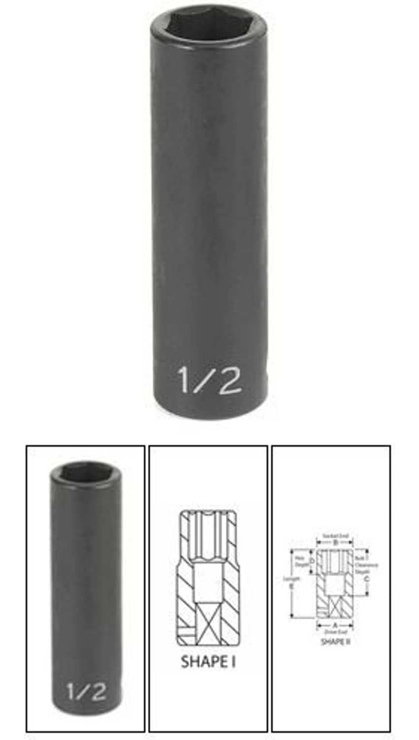Deep socket with dark finish, 1/2" marking, visible inner drive profile