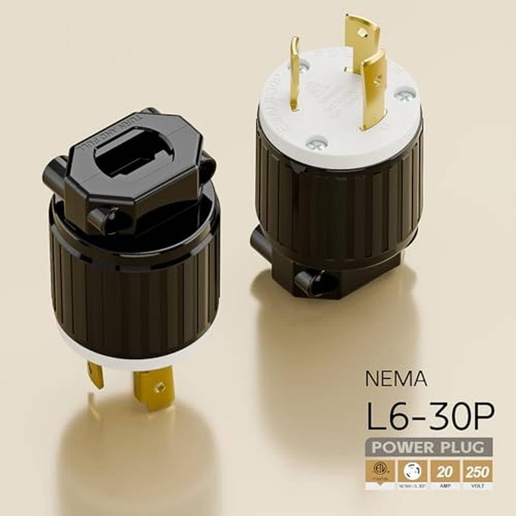 AC power plug in black housing with white face and gold prongs, with angled plug view