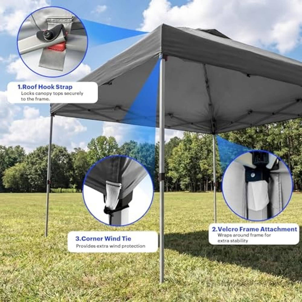Dark gray canopy top with air vent and corner tie-down straps installed outdoors