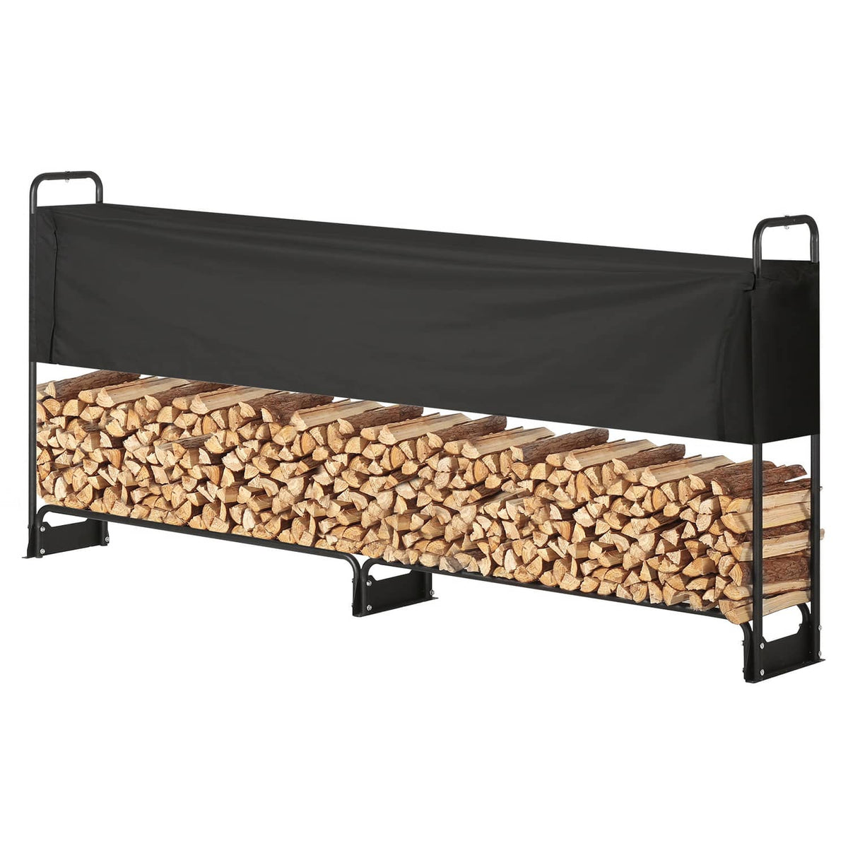 Firewood rack with black tarp cover and stacked firewood logs, front view
