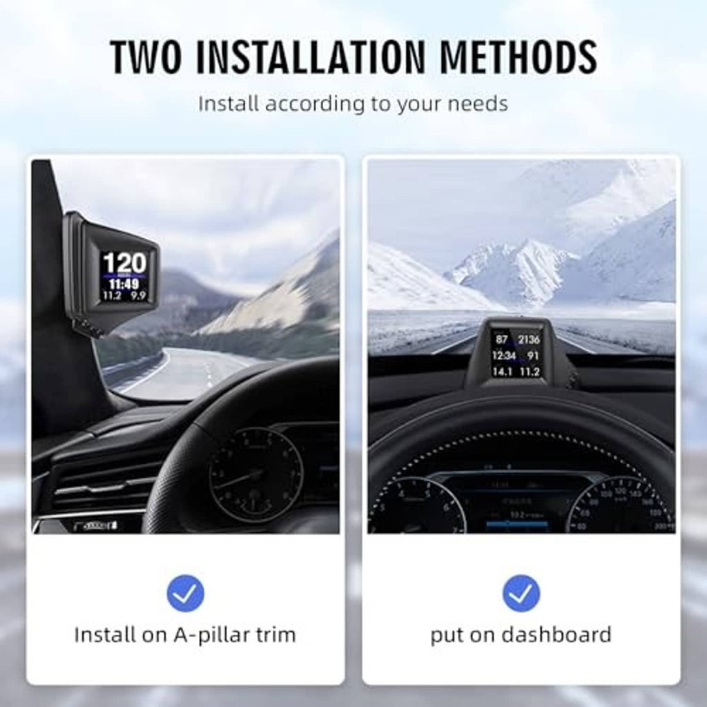 Black HUD speedometer shown installed on A-pillar trim and dashboard