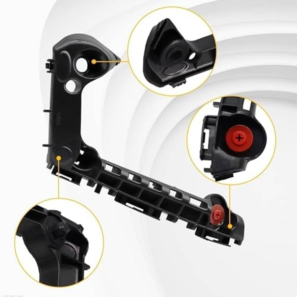 Black front bumper mounting support brackets with red screw caps and mounting holes