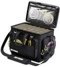 Black hard-shell tackle bag with clear top window and yellow cord pulls, open compartments.