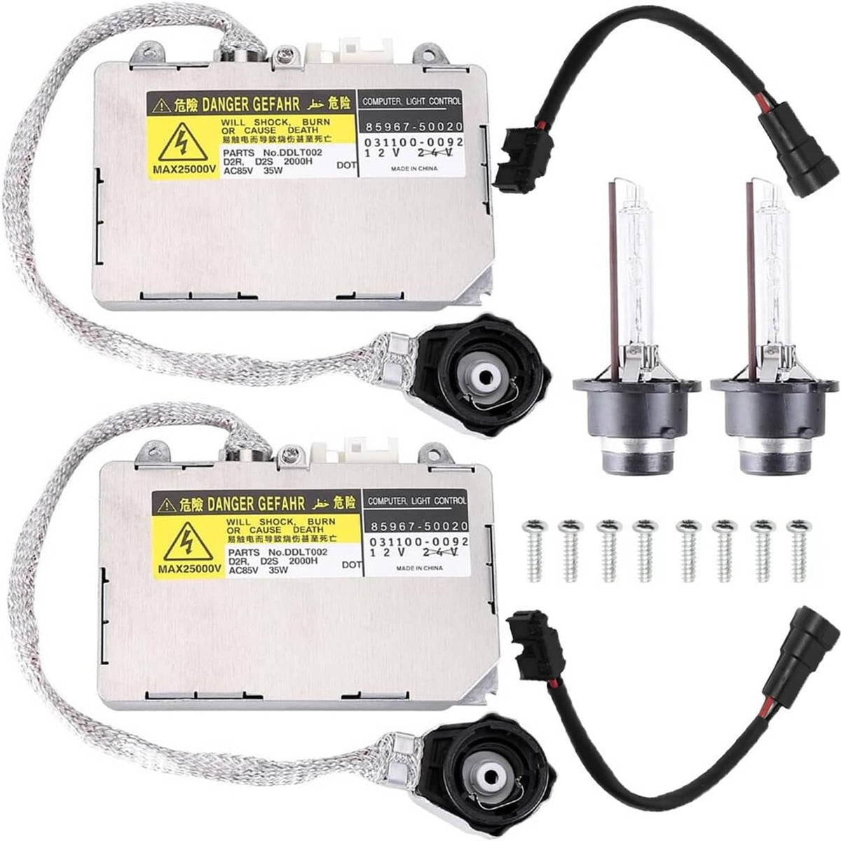 HID xenon headlight ballast kit with two control modules, bulbs, harness, and caps