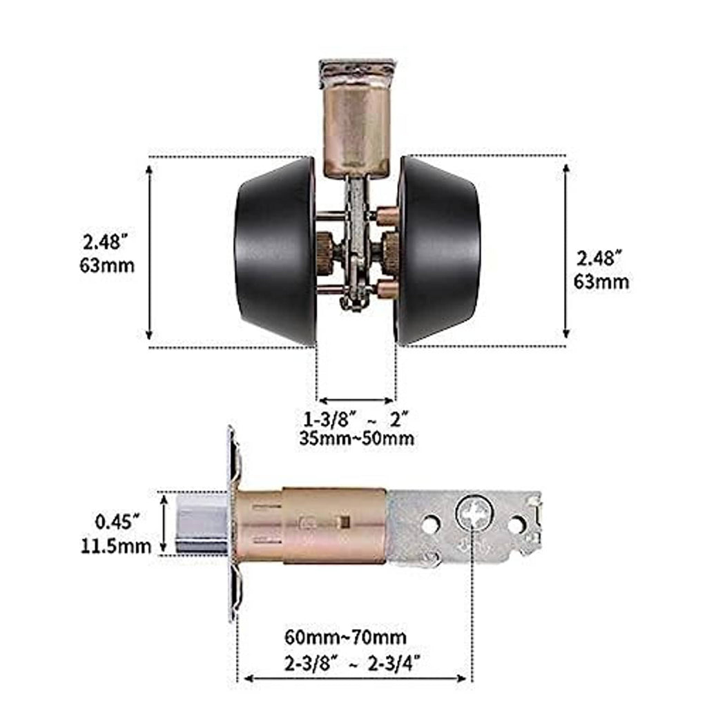 Deadbolt lock dimensions diagram with black knobs and brass cylinder, mounting plates shown