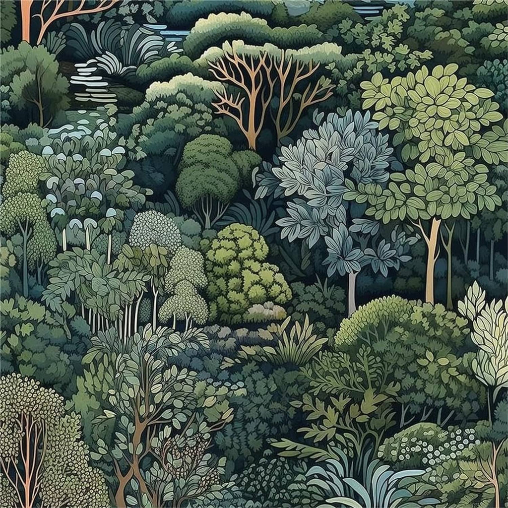 Green forest tree mural wallpaper with layered foliage and a winding river scene