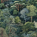 Green forest tree mural wallpaper with layered foliage and a winding river scene