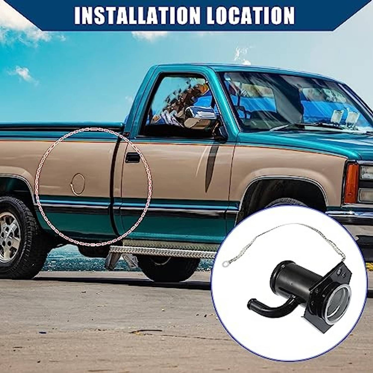 Fuel tank filler neck replacement part shown with black tube and tethered wire