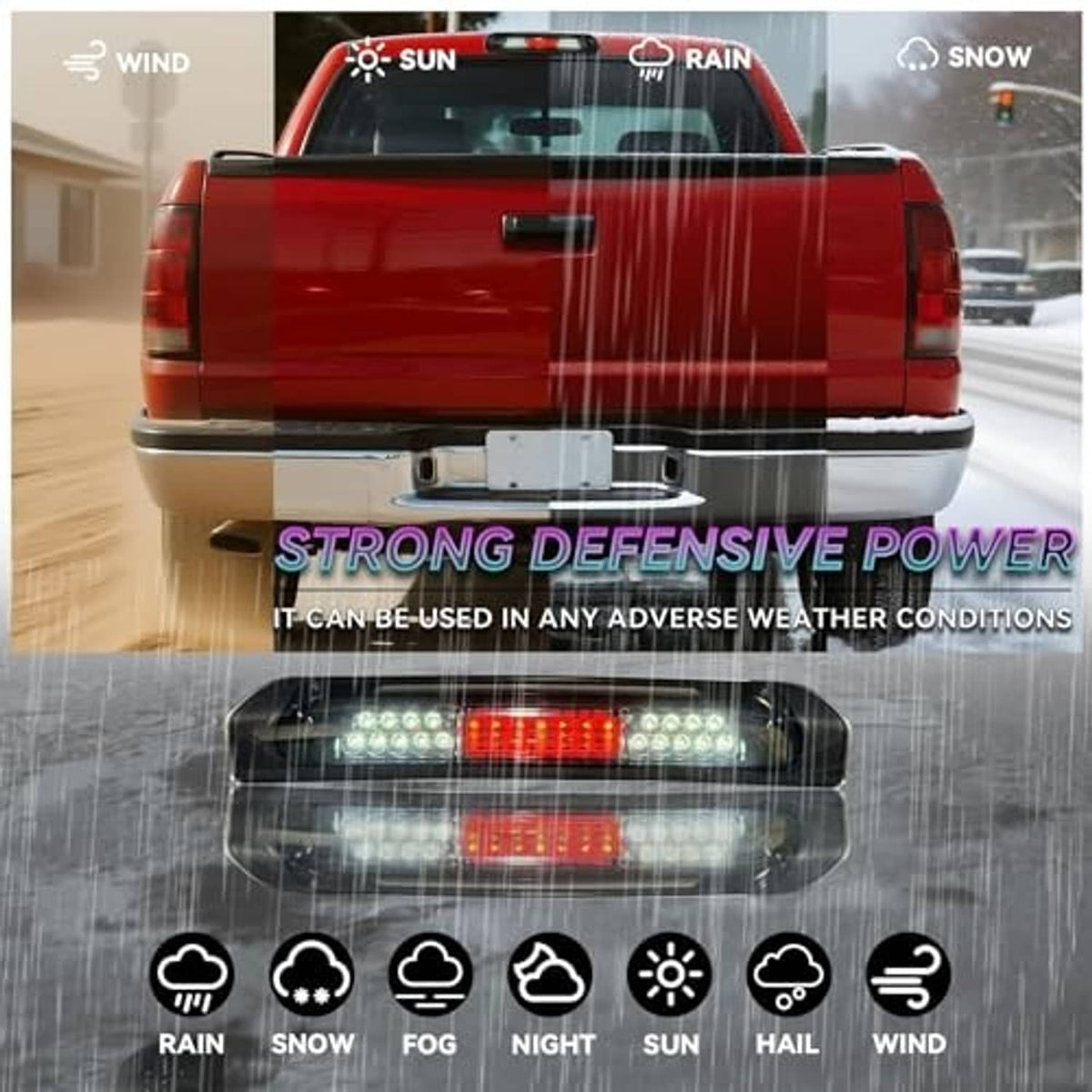 LED third brake light assembly with black housing and red reflective center strip