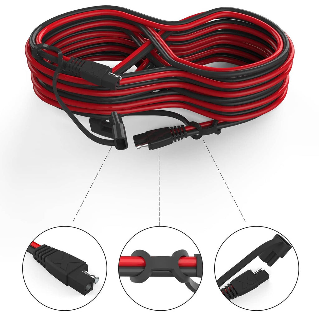 Coiled red and black SAE-to-SAE extension cable with black quick-connect ends