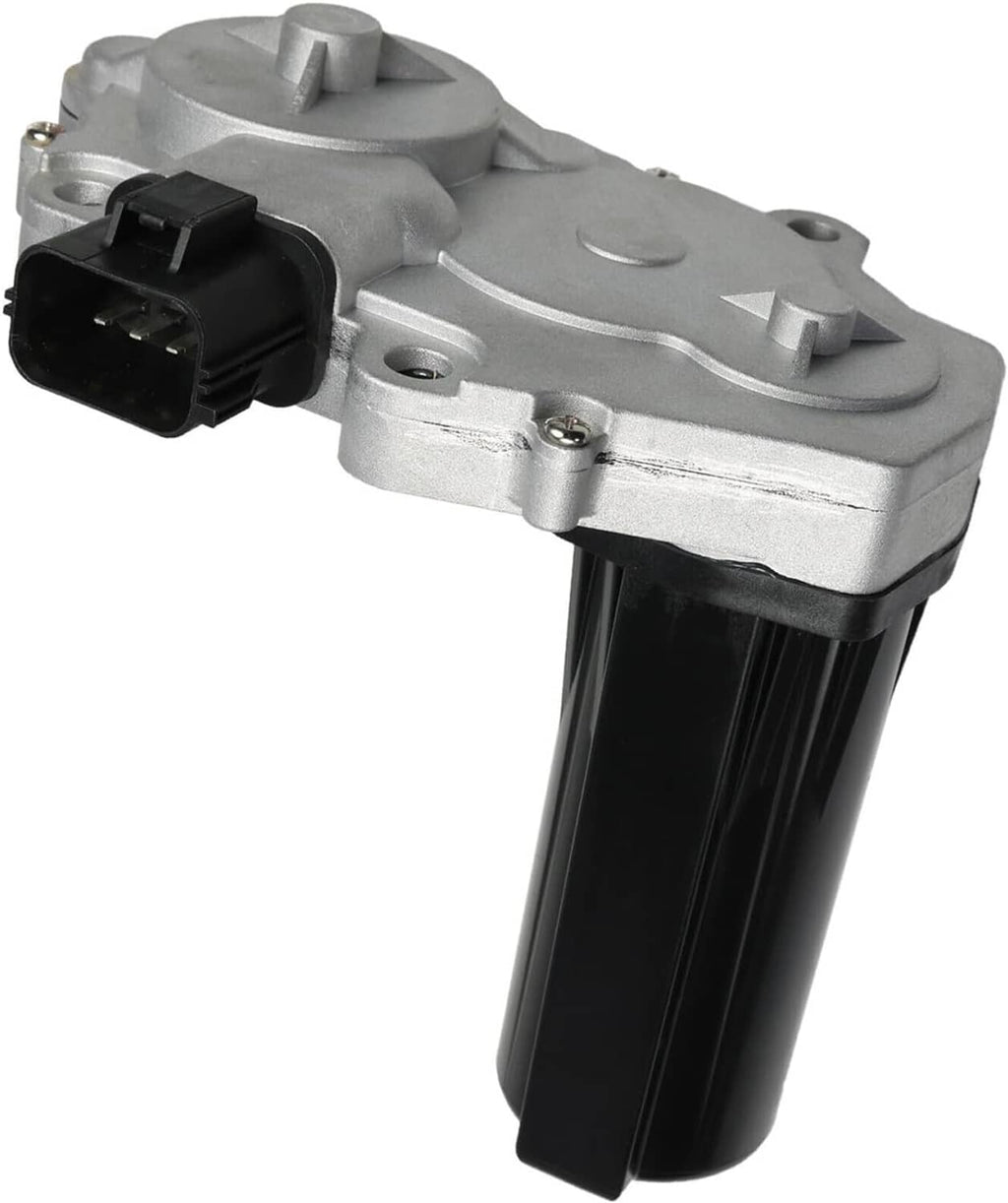 Transfer case shift actuator motor with silver casing, black plug, and mounting holes