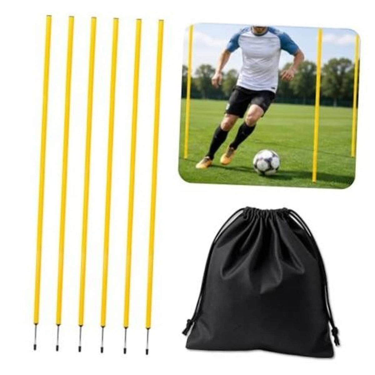 6 yellow soccer agility training poles set with black carry bag