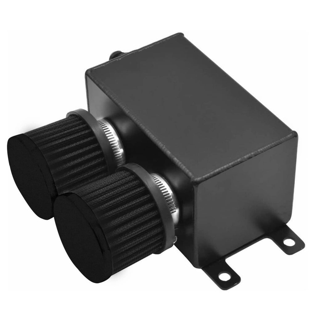 Compact black dual breather oil catch can with two pleated filter cylinders and mounting tabs