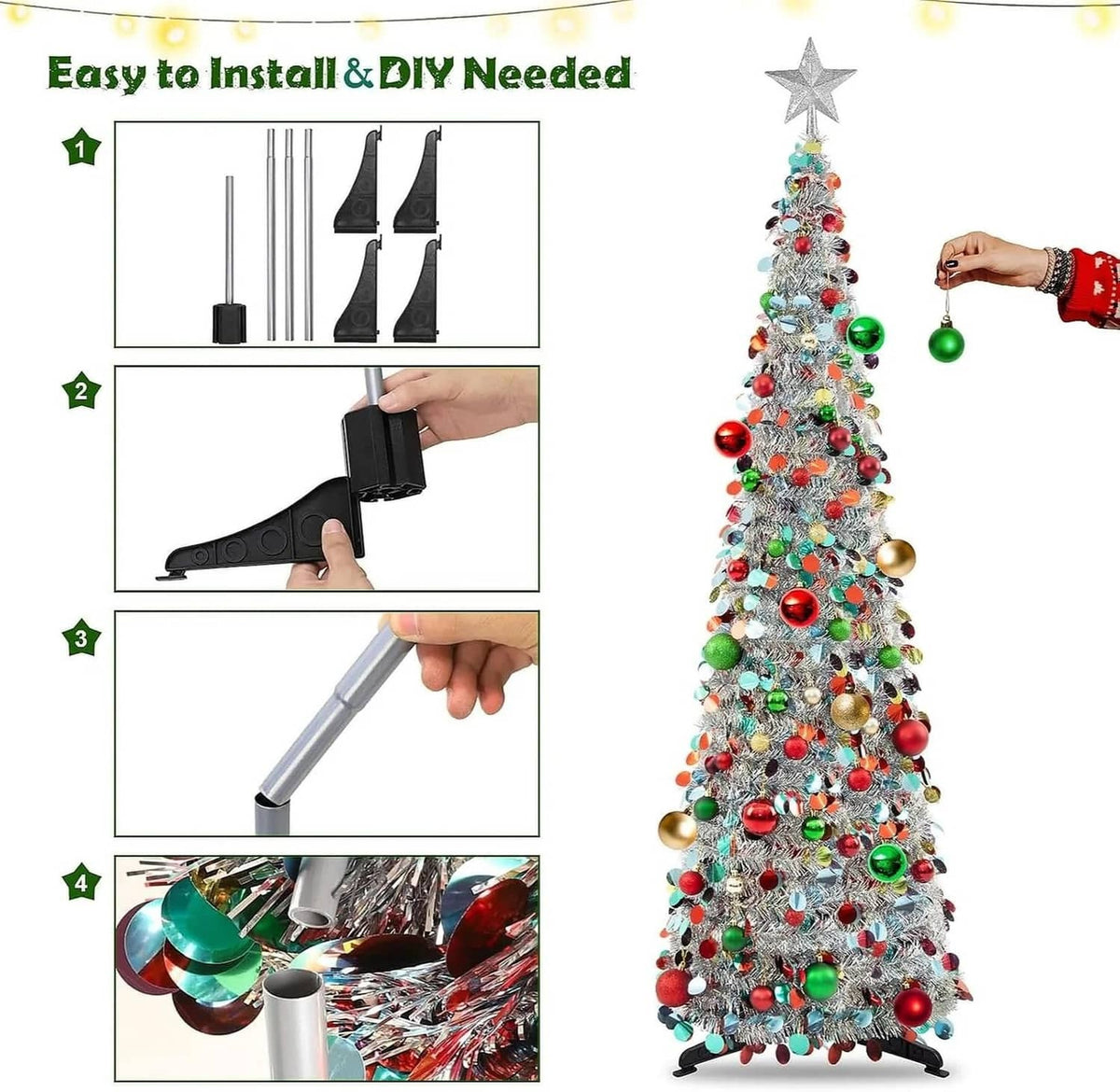 Assembly steps graphic for 5 ft tinsel tree with star topper and four-base stand