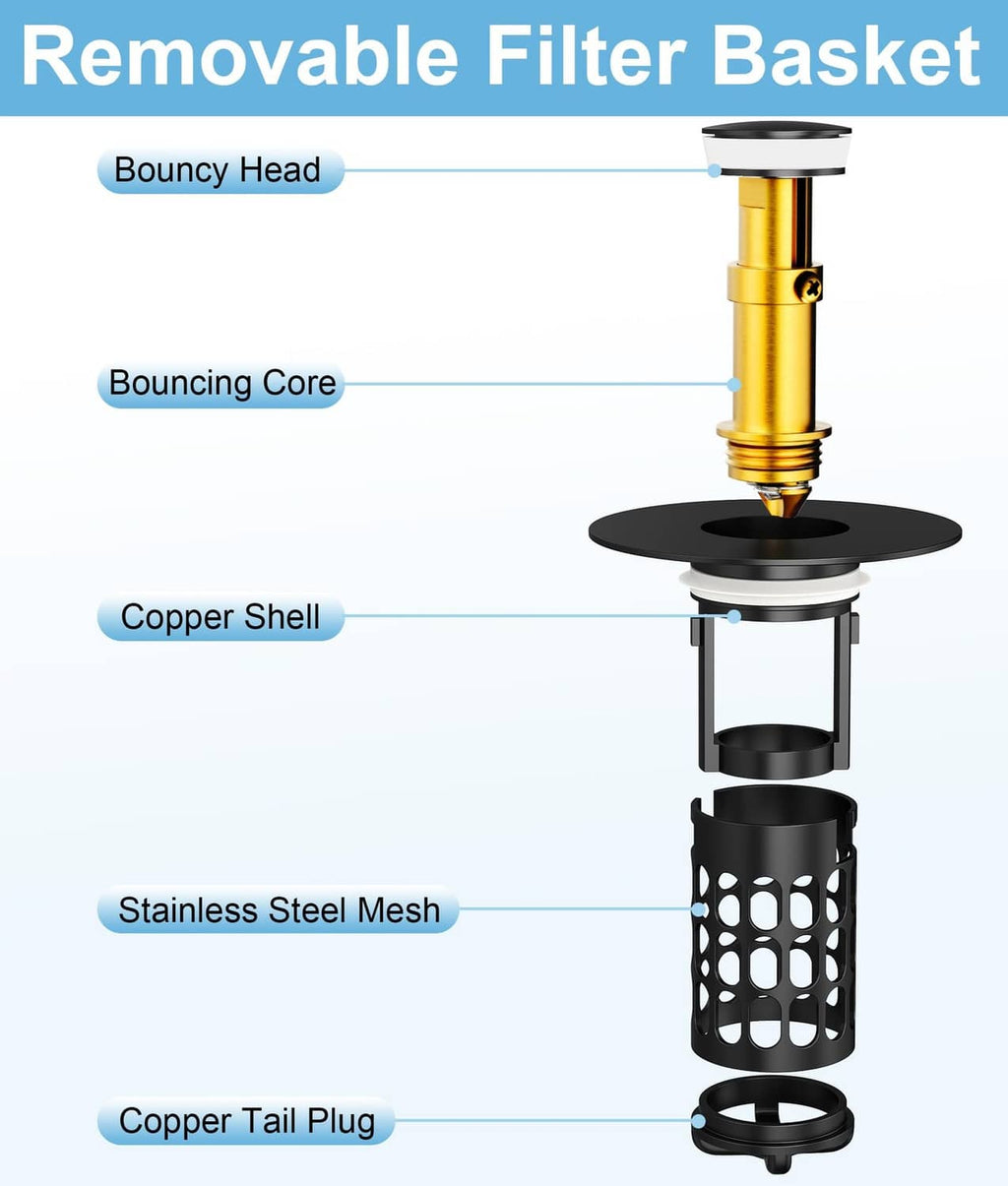 Black removable filter basket sink stopper with copper-style inner mesh and stem