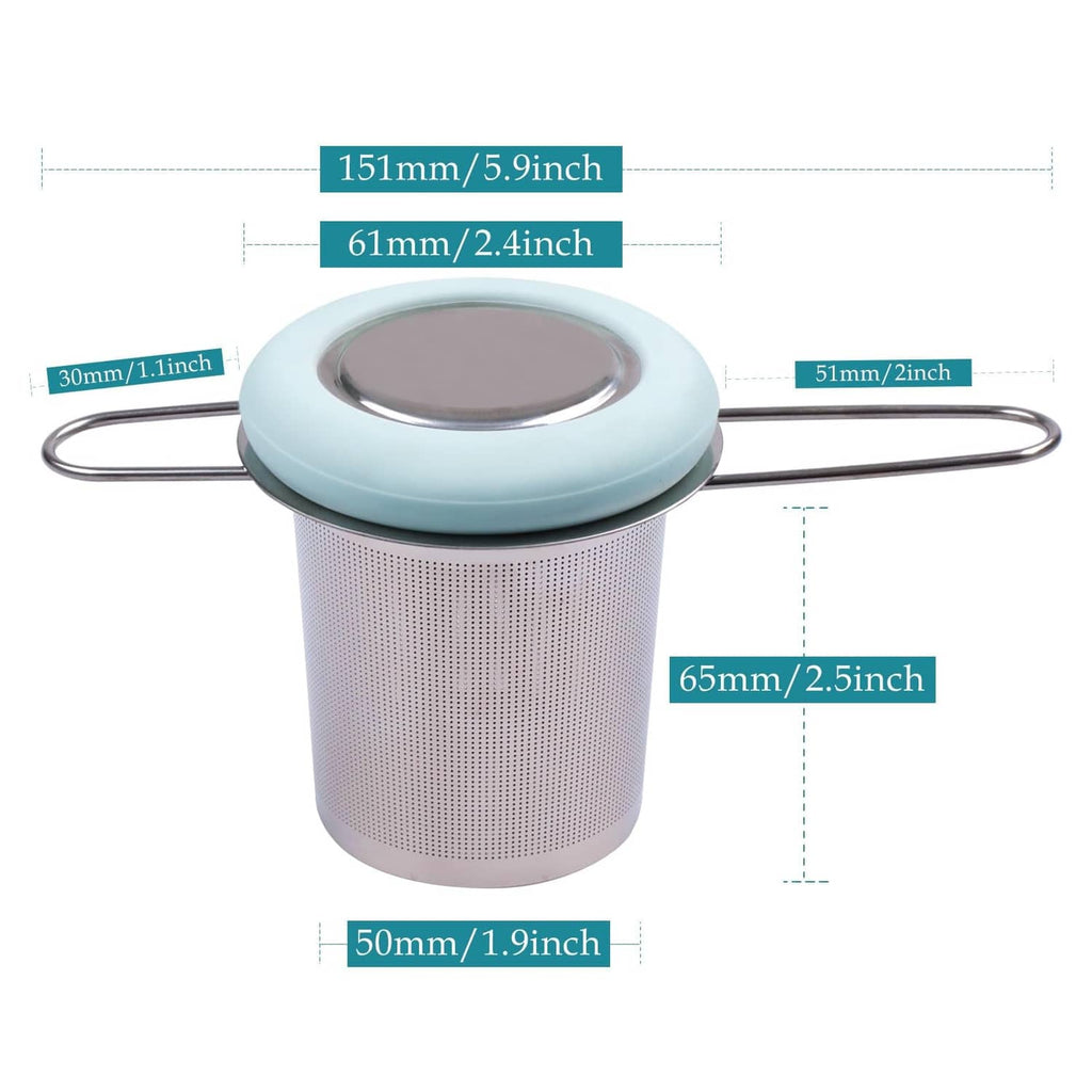 Stainless tea infuser strainer with light blue lid and long metal folding handle