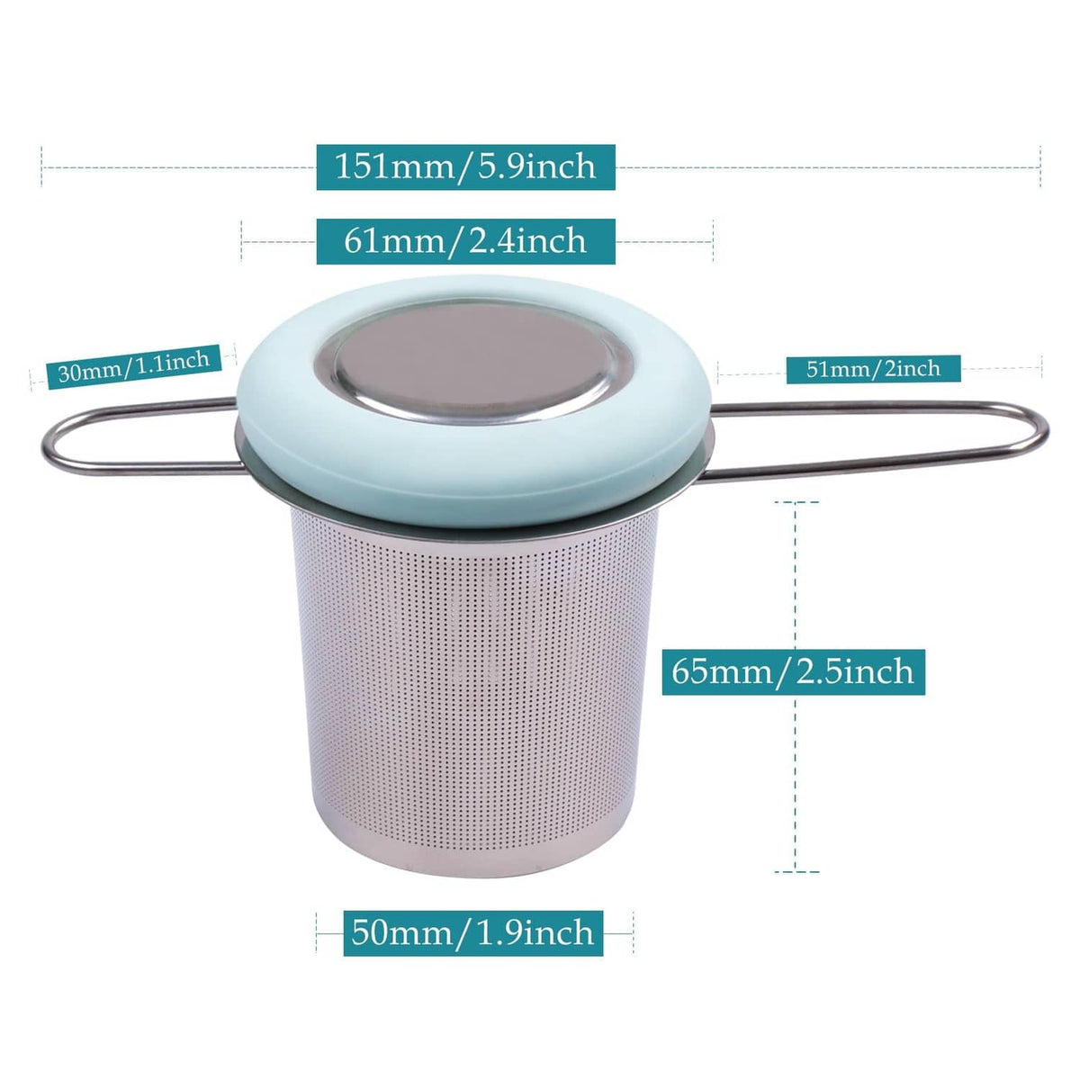 Stainless tea infuser strainer with light blue lid and long metal folding handle